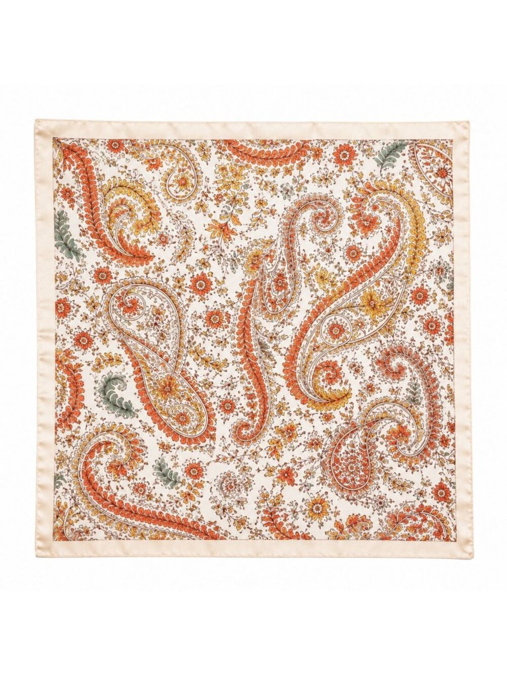 35x35 Satin Paisley Scarf White Cream Teal Orange Floral Square Hair Neck Scarf